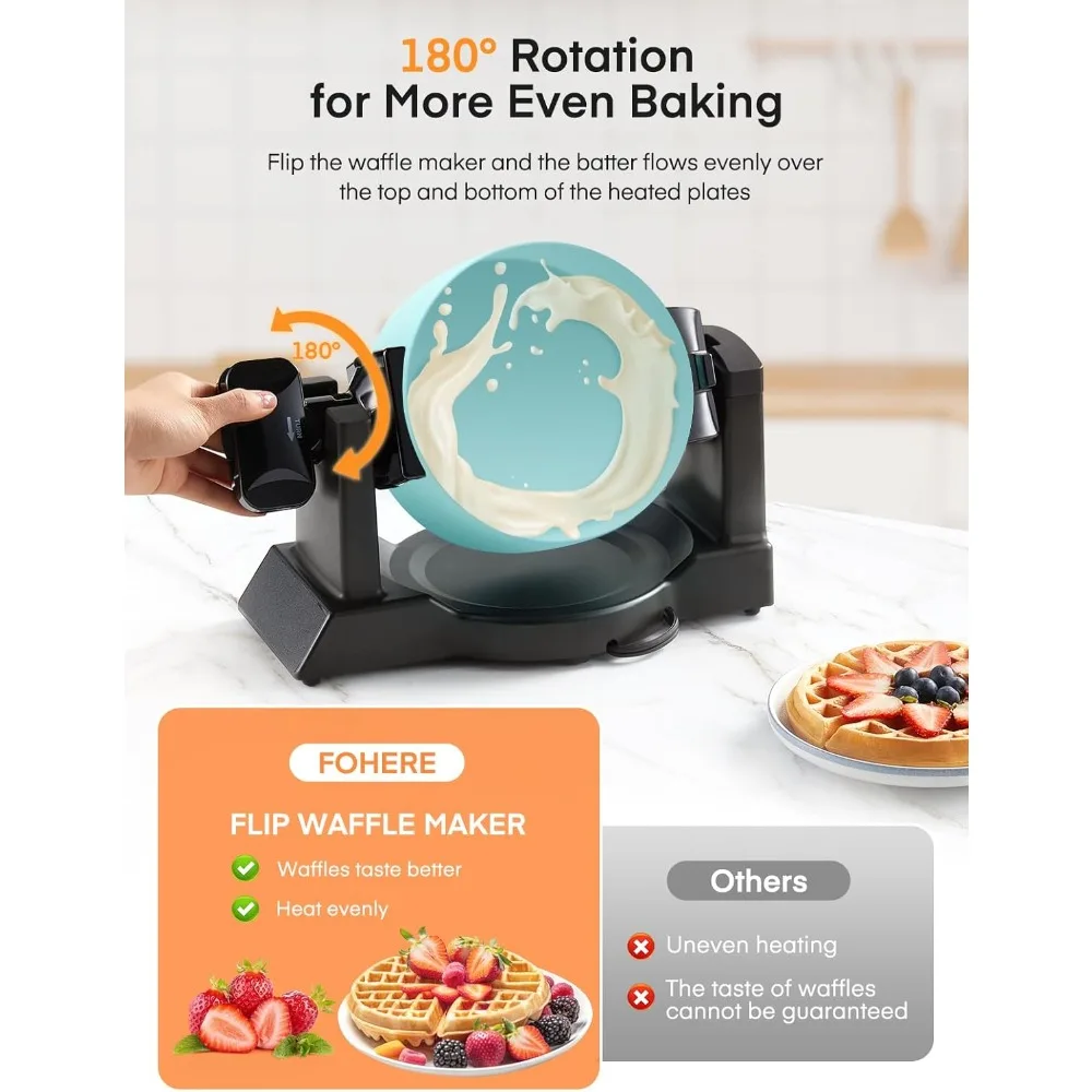 Double Waffle Maker, 1400W Rotating Belgian Waffle Iron with Nonstick Plates, 180° Flip, 8 Slices, Removable Drip Tray for Easy