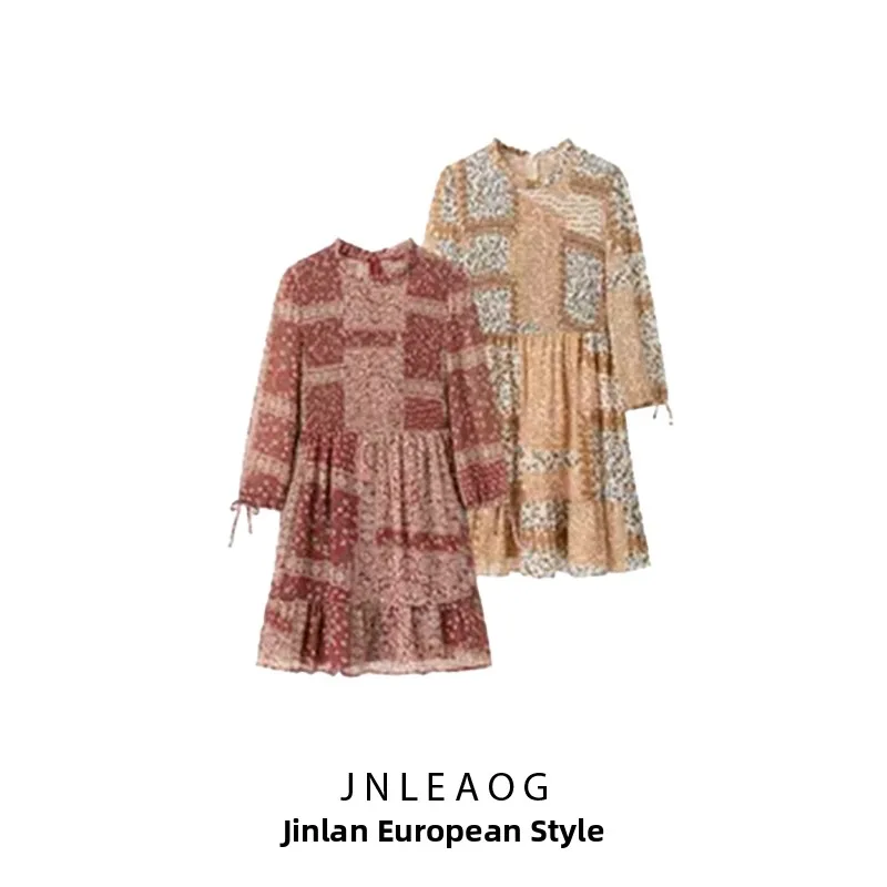 유행하는 플로럴 프린트 민소매 원피스, 리본 디자인, 하이웨이스트 폴리에스터 소재, 출퇴근 스타일 여름 원피스