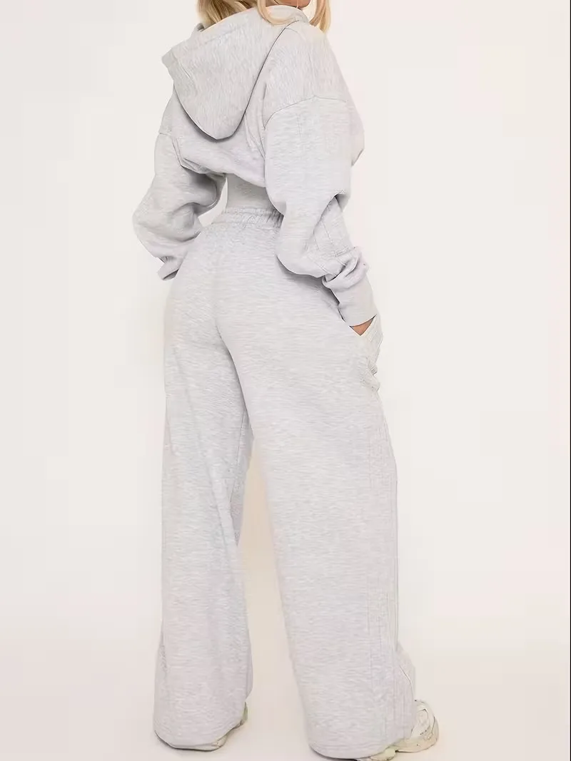 

Женская 2 шт., серая толстовка с капюшоном на молнии и прямые спортивные штаны с карманами на талии на шнурке