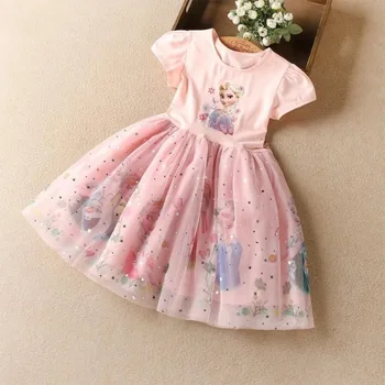 Elsa Princess Party Dress for Girls 2 Girls Dress Cartoon Summer Frozen Fashion Children's Elsa Princess Baby Girl Toddler Short Sleeve Cute Party Dresses 3-9Y 2