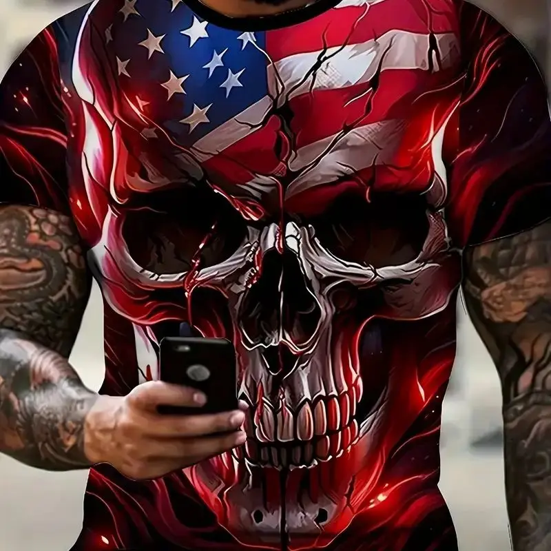 

Plus-size men's 3D printed skull short sleeve T-shirt, American flag print, casual summer T-shirt