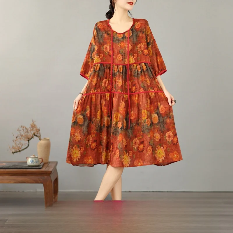 

Summer New plus Size Cotton Linen Print round Neck Sleeveless Women's Dress Artistic Style Loose High Waist A-Line Dress