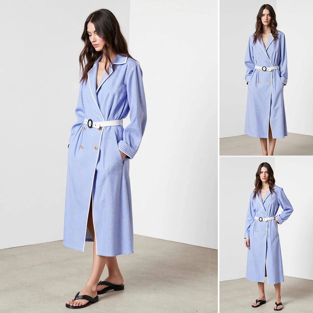 

Mia Muse Boutique осенний плащ 2025 женский простой лоскутный длинный плащ с длинными рукавами и шалью, воротником и карманами