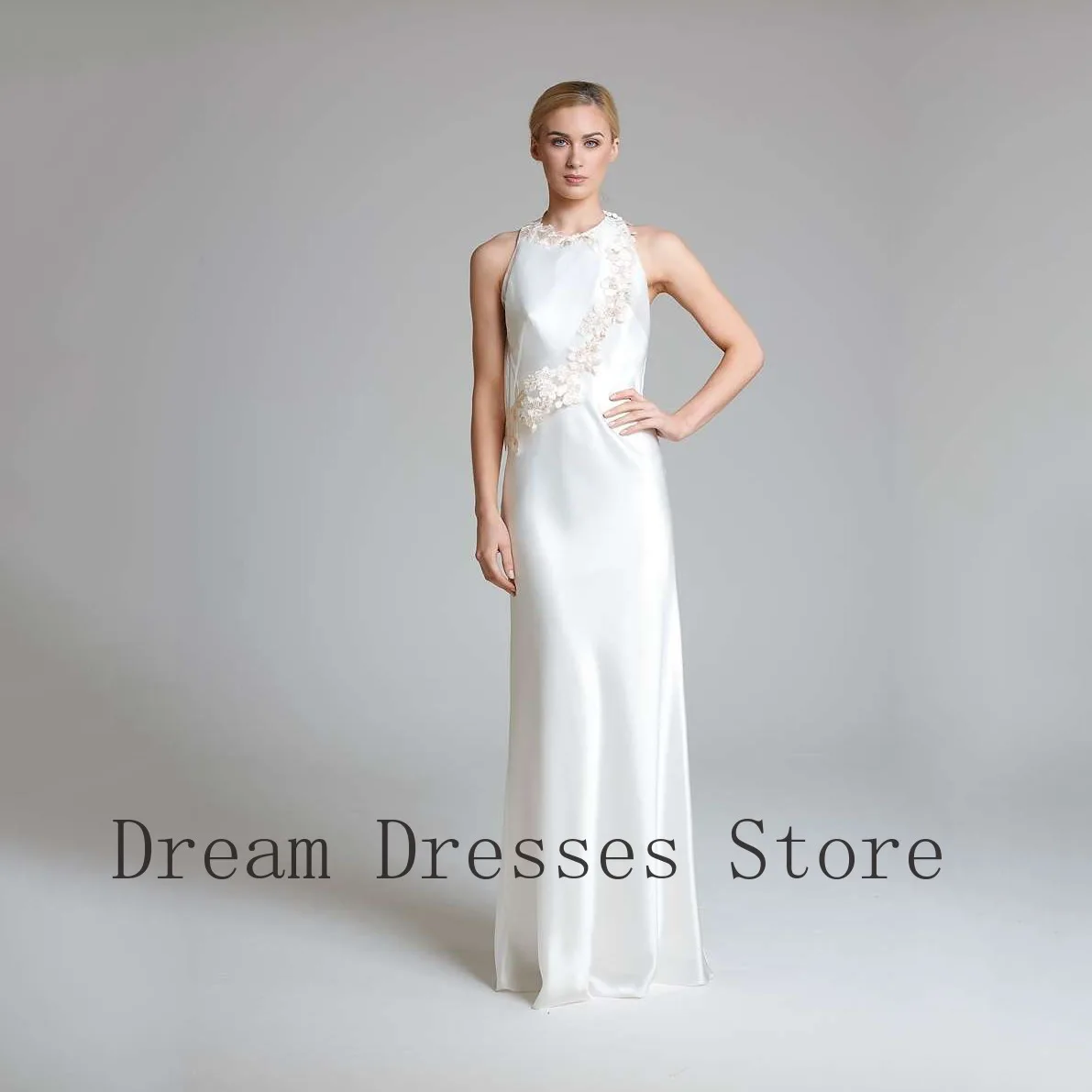 Customized Simple Charmeuse Draped Lace Applique Straight High Collar Long Dresses Bespoke Occasion Dresses Sexy Sizes Available