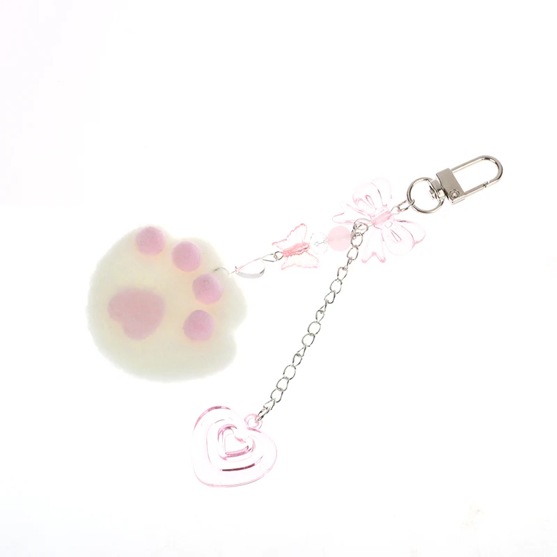 Bag Pendant Y2K Cute Pink Plush Cat Claws Keychain Love Heart Keyring Sweet Girly Key Holder For Girls Earphone Case Charm