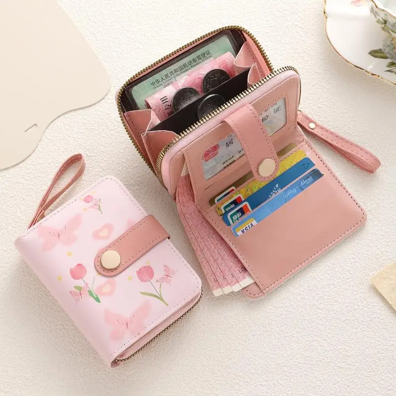 Niedliche Damen-Geldbörse mit kurzen Tulpenmuster, mehreren Kartenfächern und Handschlaufe, ideal als Accessoire für den täglichen Gebrauch, Reisen und Einkäufe. – Detail 5