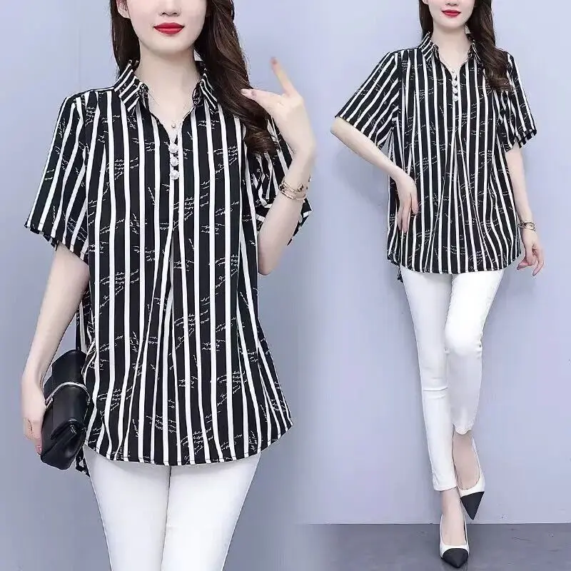 Fashion Striped Printed Letter Shirt Women\'s Clothing Turn-down Collar Button Commute Summer Casual Loose Short Sleeve Blouse