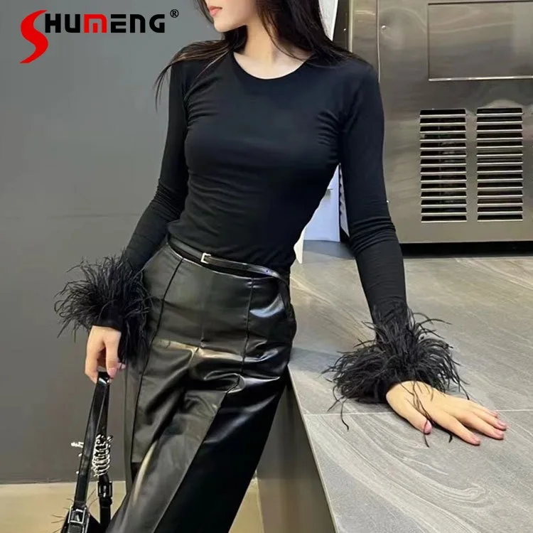 

Early Autumn Fashion Women's Wear Top Bottoming Shirt 2024 New Ostrich Feather T-Shirts Slim Fit Round Neck Long Sleeves T-shirt