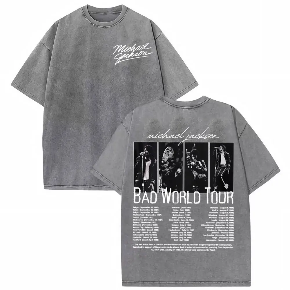 King of Pop Michael Jackson Bad World Tour T Shirts Men Women Casual Loose Oversized T-shirts Hip Hop 90s Vintage Washed T-shirt