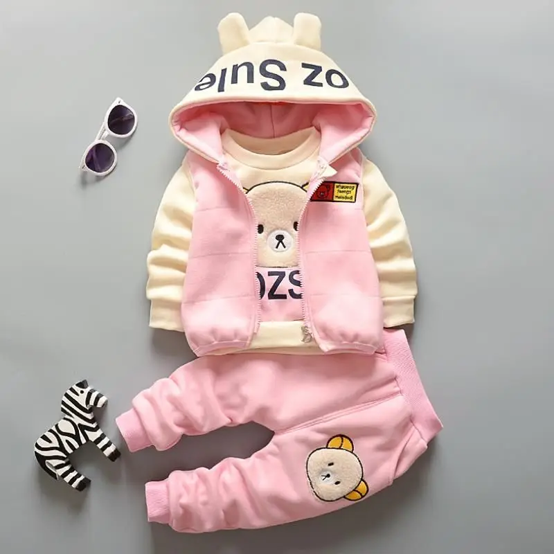 2024 New Winter Children Clothes Set Girls Cotton Cartoons Thick Fleece Hoodies+Vest+pants 3pcs Suit For Boys Warm Clothes0-5Y