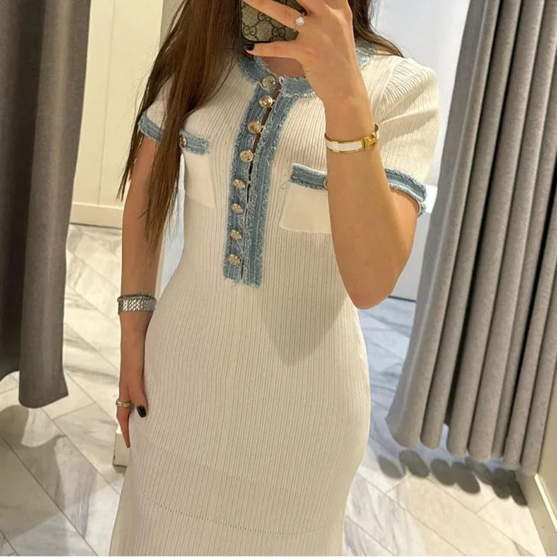 Elegant Denim Patchwork Knitted Long Dress Women Summer Fashion Short Sleeved Buttons Bodycon Maxi Dresses Office Lady Robes