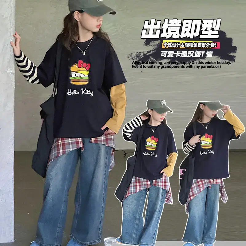 

Горячее пальто Sanrio Y2K для девочек Hello Kitty Kawaii, модная весенне-осенняя студенческая футболка с лацканами, детская одежда, новинка