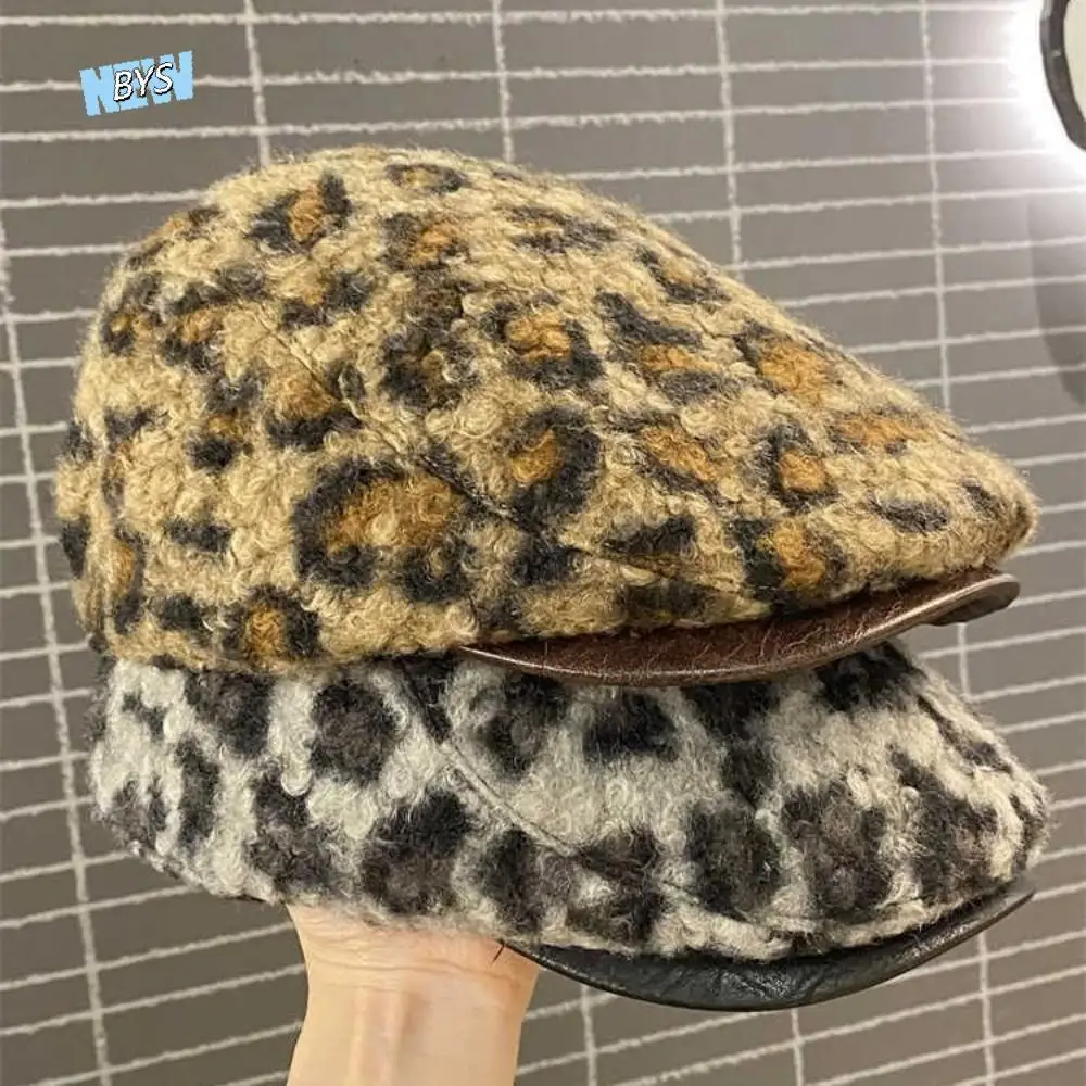 

Vintage Adjustable Lamb Wool Berets Hat Pu Leather Brim Y2k Leopard Print Berets Keep Warm Painter Women Newsboy Caps Girl
