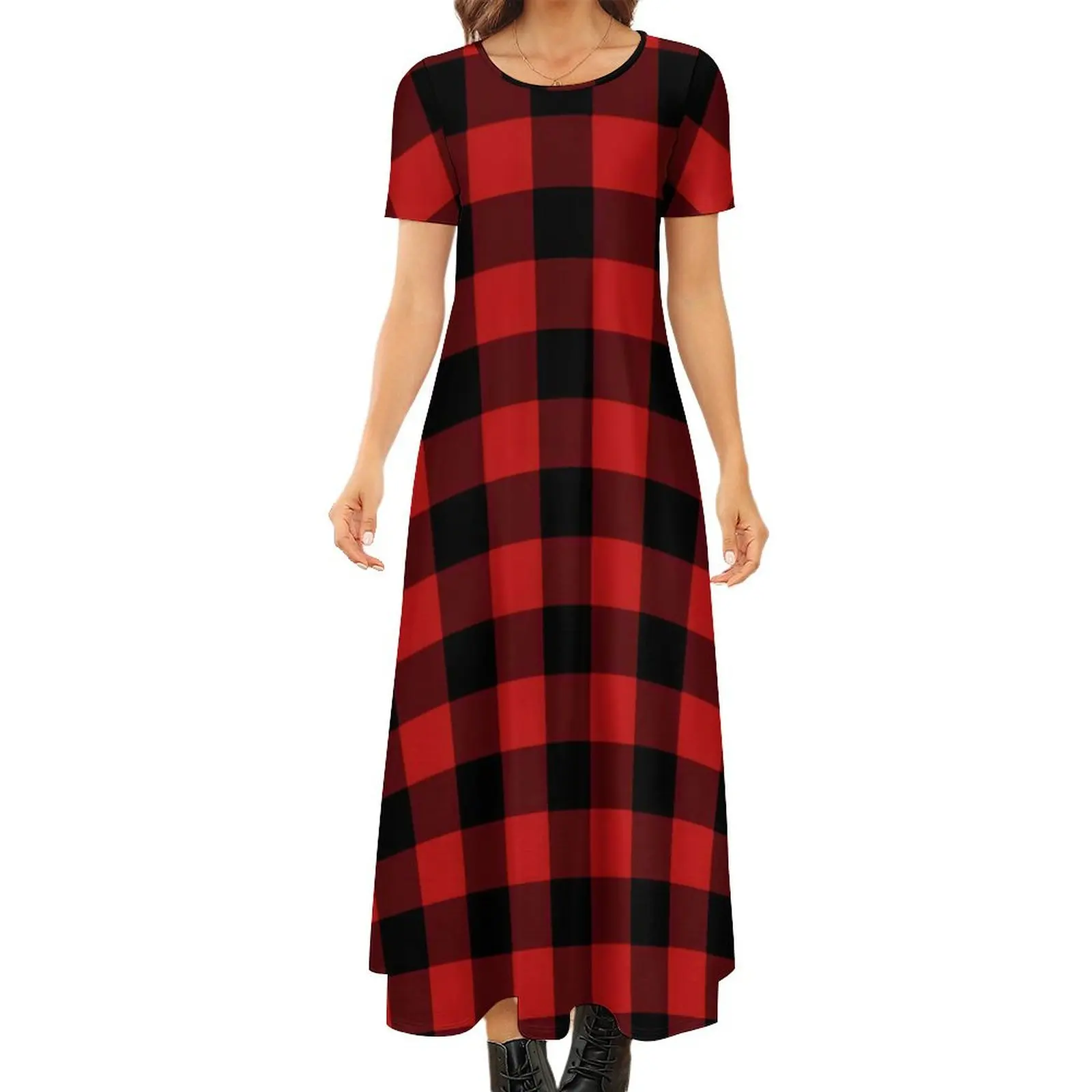 

Red And Black Plaid Dress Checkerboard Party Maxi Dress Women Short Sleeve Street Wear Bohemia Long Dresses Big Size 6XL 7XL