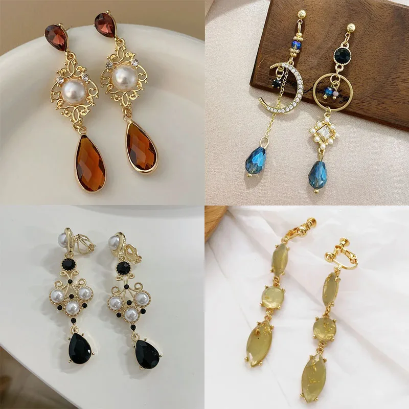 Baroque Water Drop Green Crystal Earrings French Luxury Court Style Blue Rhinestone Pearl No Pierced Ear Clips for Women's Gifs