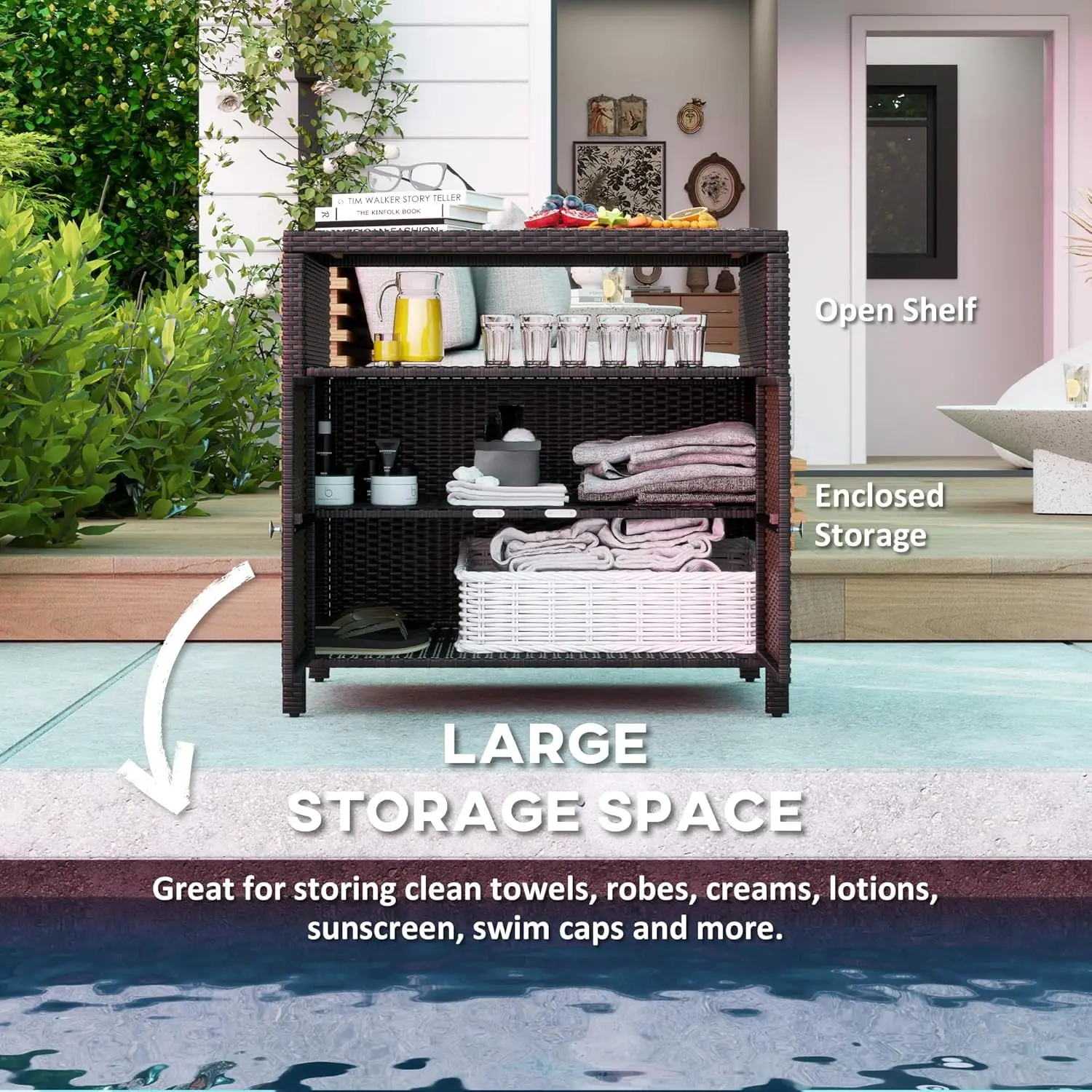 Wicker Outdoor Storage Cabinet with Acacia Wood Countertop, 2-Door Buffet for Patio, Garden, Poolside - Brown