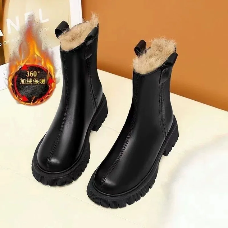 

Winter Plush Ankle Boots for Women Anti Slip Warm Cozy Leather Booties Fashion Designer Cotton Shoes for Womens Botas Para Mujer