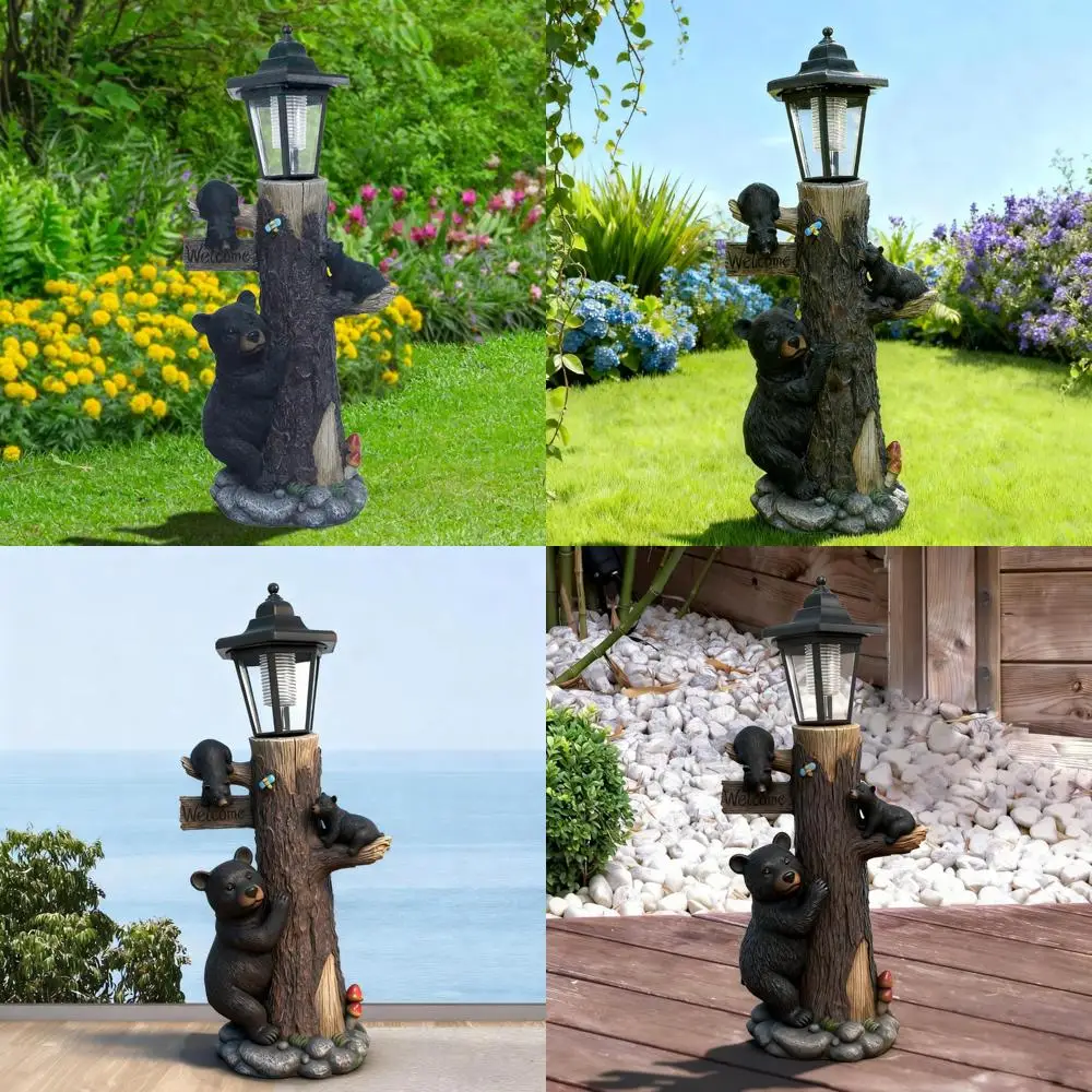 

Статуя семейного сада медведя на солнечной энергии, 19-дюймовый уличный декор из смолы с деревом, украшение двора медведя