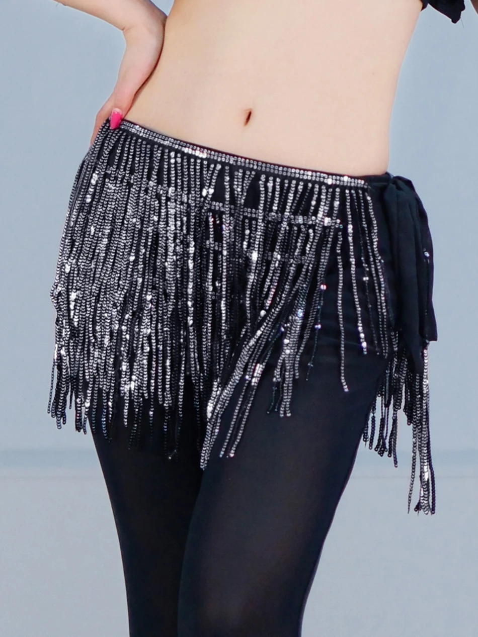 Хип-шарф для танца живота, пояс с кисточками и блестками, пояс-цепочка для женщин, 4 слоя, 225 см, реквизит для выступлений на сцене, аксессуары, наряд