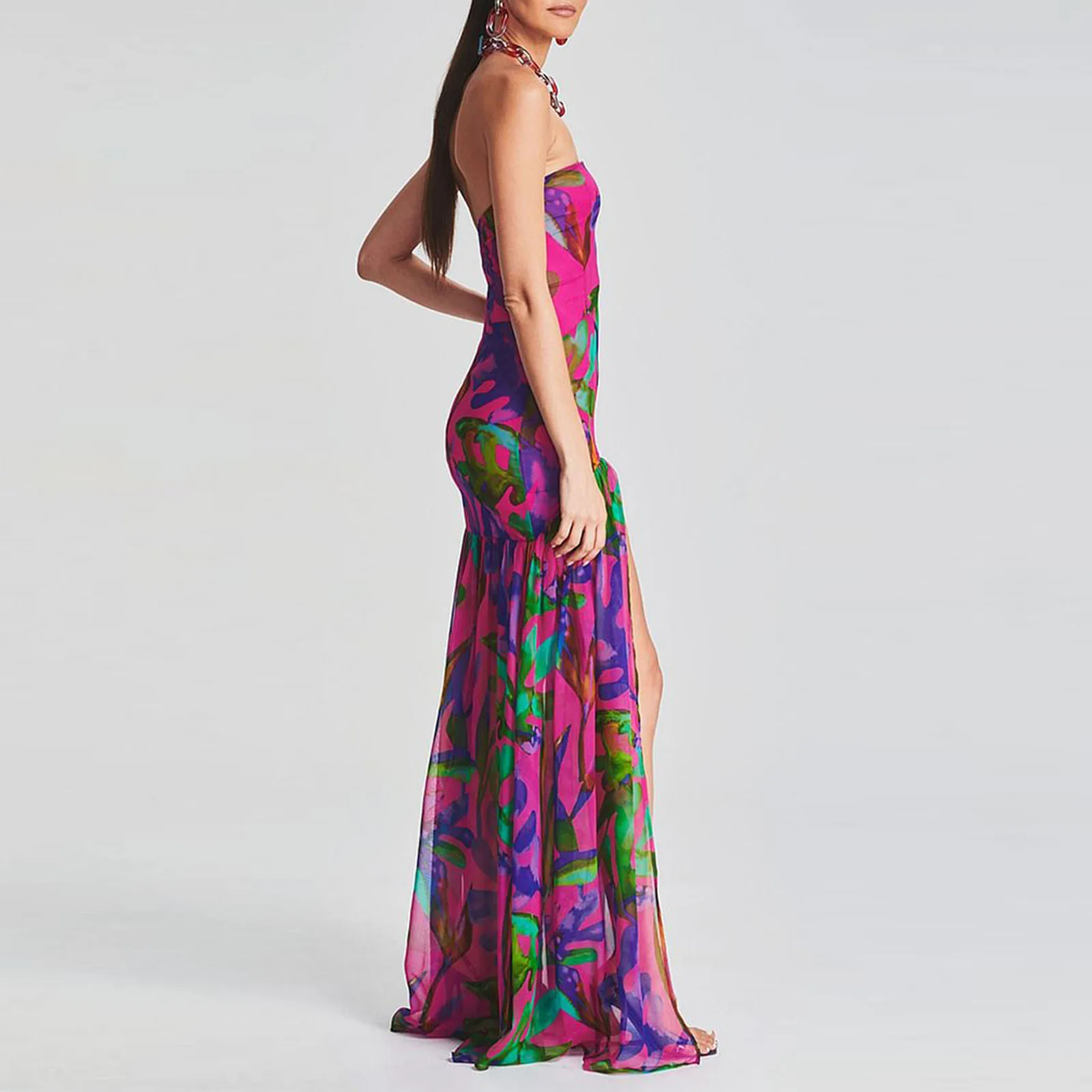 Women's Slim Fit Tube Top Dress Strapless Backless Mesh Patchwork Tropical Print with High Slit for Party Beach Night Outfits