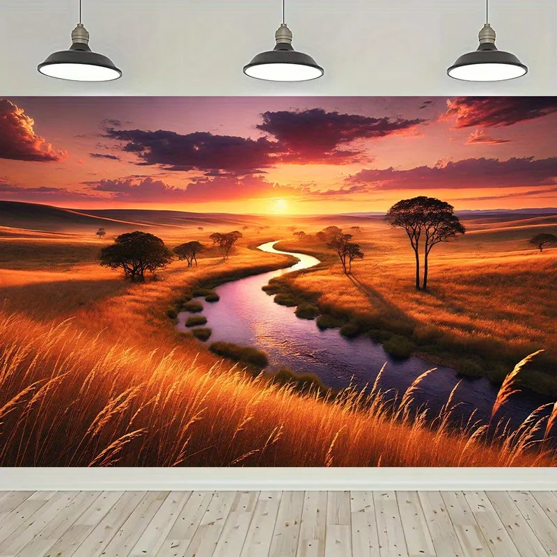 Vibrant Sunset River Landscape Tapestry - Polyester Wall Hanging with Golden Grass, Serene Sky, and Tranquil Water Scene f