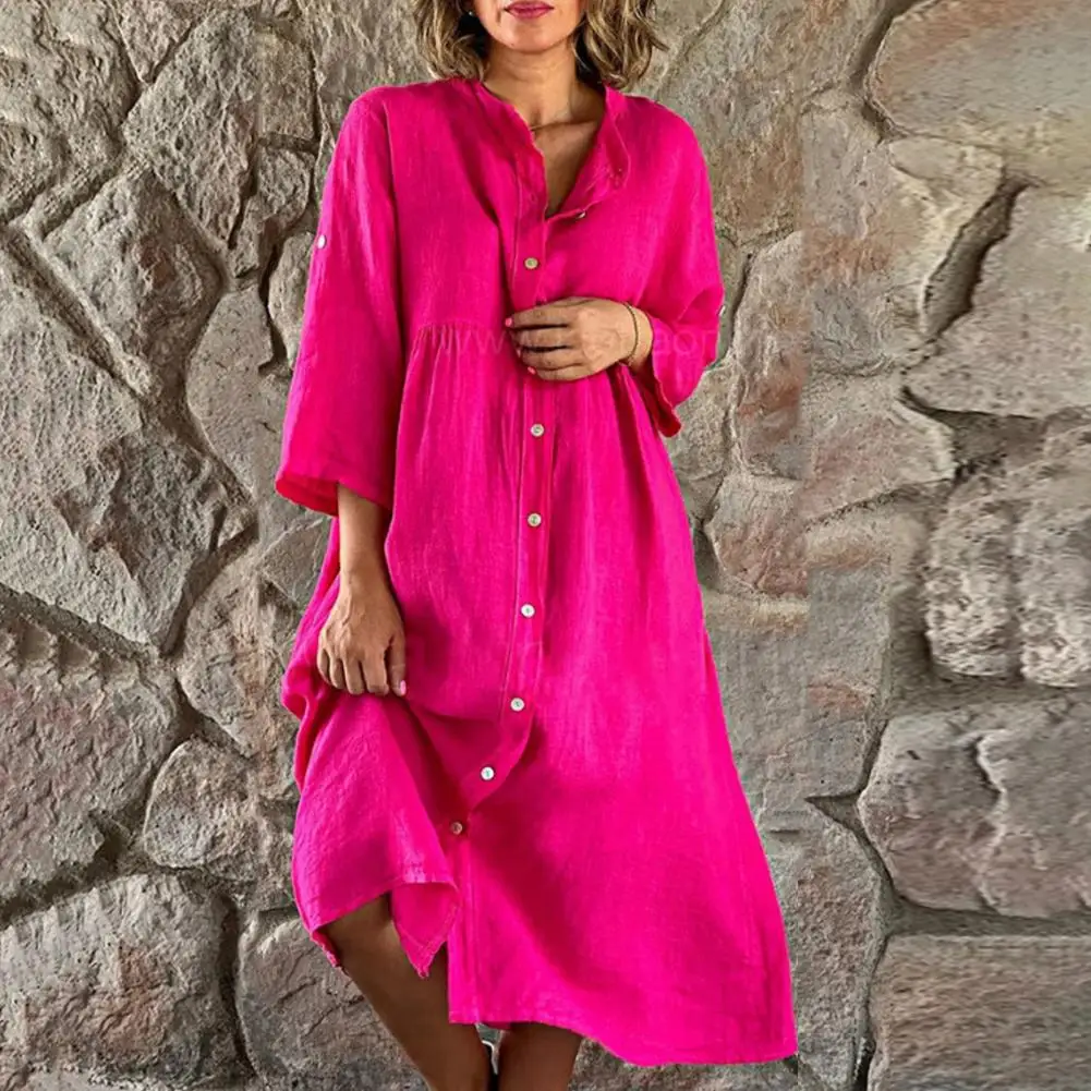 2024 Simple Long Sleeve Long Dresses Women Turn Down Collar Casual Cotton Linen Button Shirt Dress Holiday Long Dresses Robe