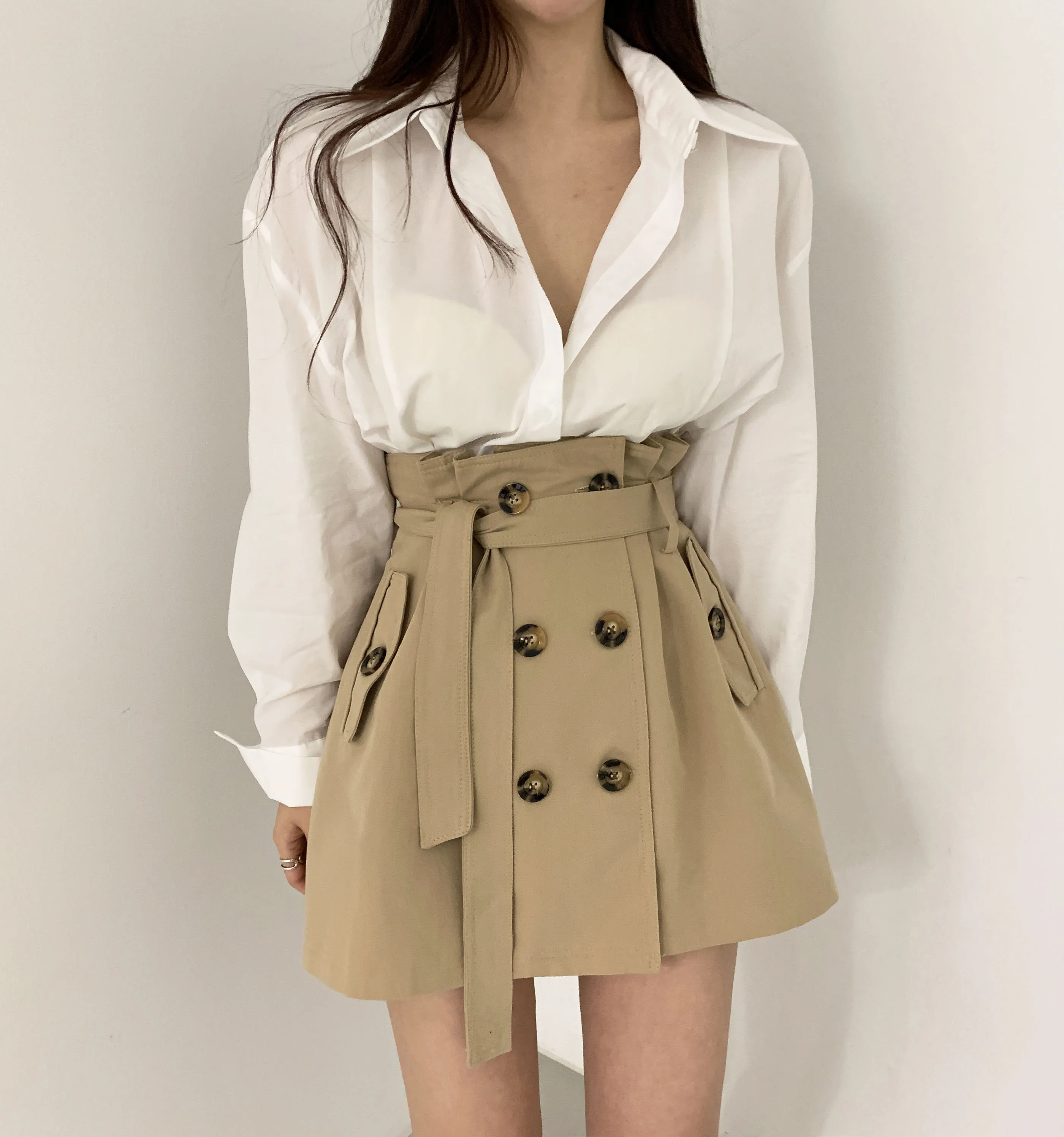 

High Waist A-Line Skirt with Double Button Pure Color Long Sleeve Shirt Hong Kong Style Belted Half Body Skirts for Women