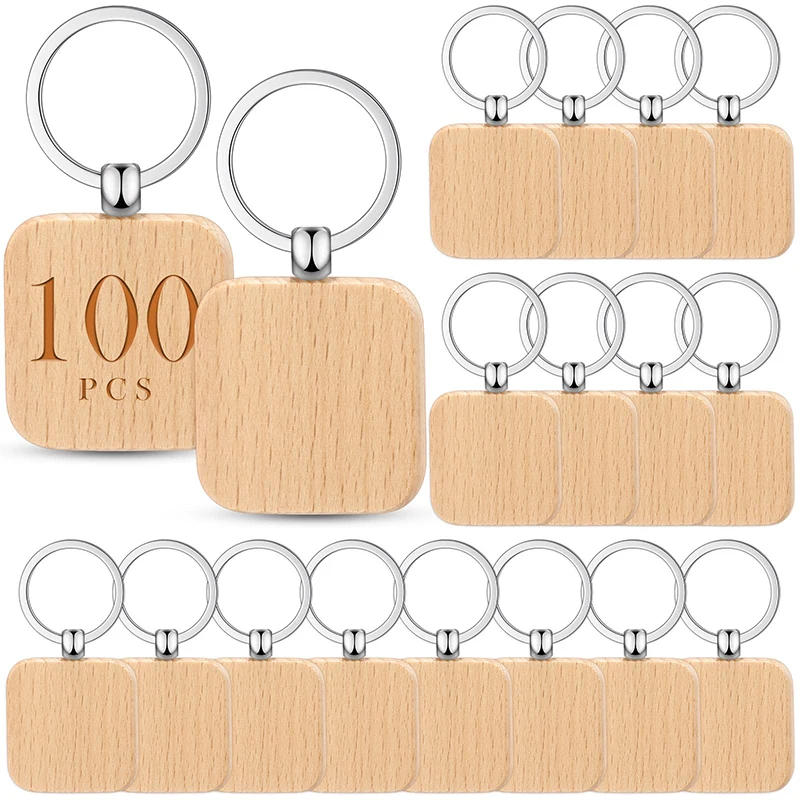 100Pcs Wood Blanks Keychain Blanks Wood Key Chain Square Shaped Wooden Keychains for DIY Gift Craft Supplies