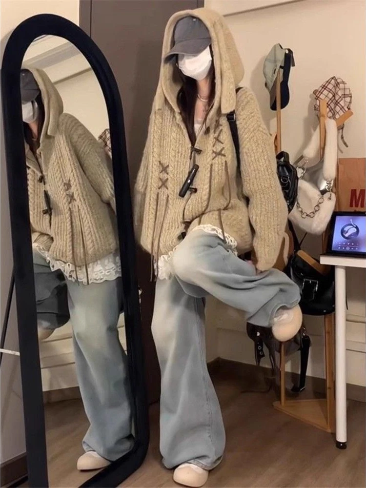 サブカルチャー ヴィンテージ フード付きカーディガン ストリートウェア レディース カジュアル ルーズトップス 2025 秋 ハラジュク グランジ セーター 2000年代 ハラジュク コート