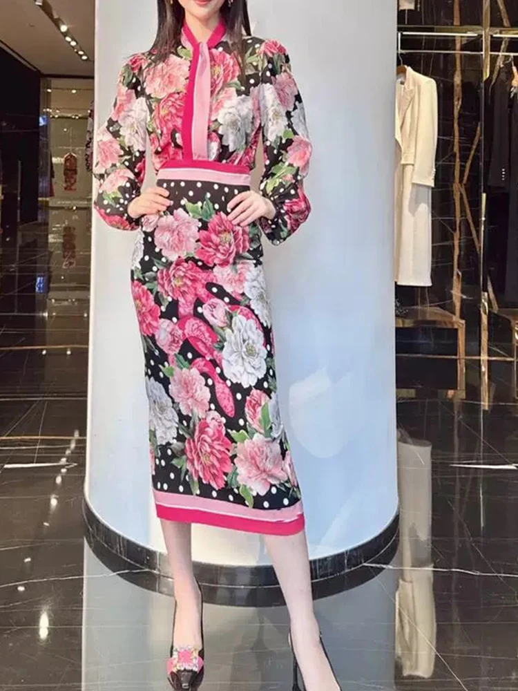 

Elegant printing floating lead long-sleeved shirt top 2025 spring new female two-piece high waist slim hip skirt fashion suit