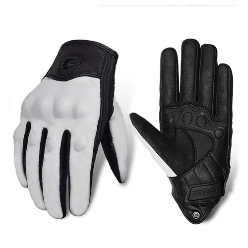 MOGEBIKE-guantes de cuero auténtico para motocicleta, manoplas transpirables de dedo completo para montar en moto de carreras, pantalla táctil, Retro, Motocross