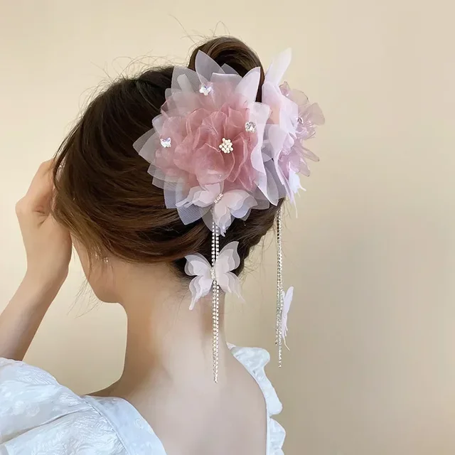 Różowe kwiaty z gazy, cyrkonie, motyl, długie frędzle, spinki do włosów typu rekin, damskie, super bajkowe, słodkie, modne, akcesoria w stylu fairycore K-