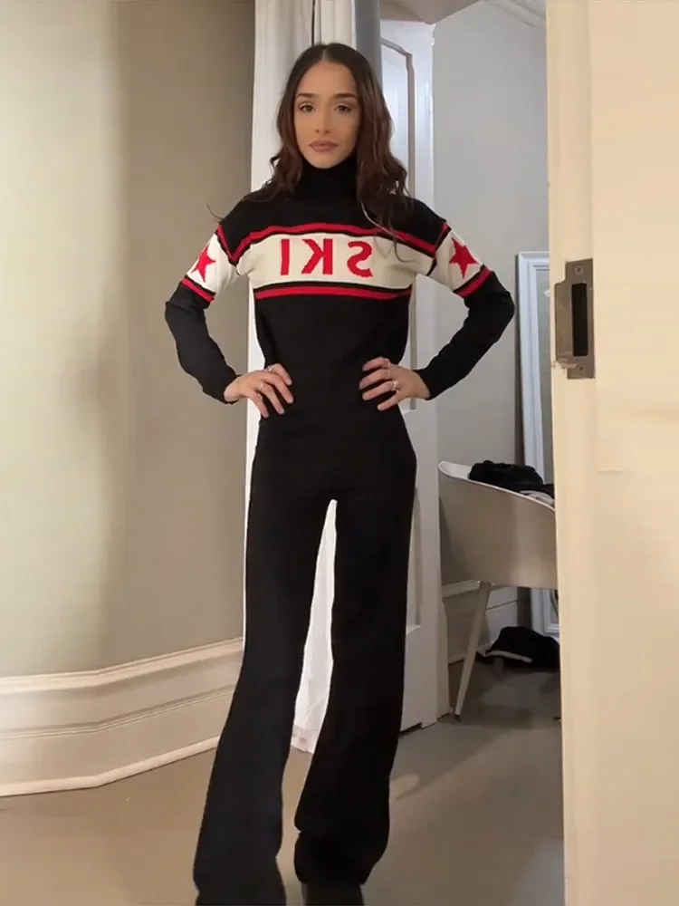 Conjunto de Pantalones y Suéter de Esquí con Estampado de Letras Chic para Mujer, Cuello Alto, Manga Larga, Pantalones Ajustados, Conjunto Informal 2026, Ropa de Esquí Femenina
