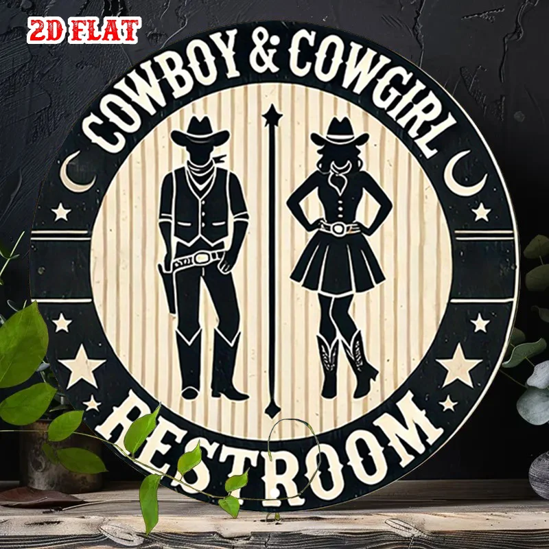 2D Flat, 1pc Vintage Western Cowboy & Cowgirl Restroom Sign - Rustic Metal Wall Decor with Cowboy & Cowgirl Illustrations, 7.8x7