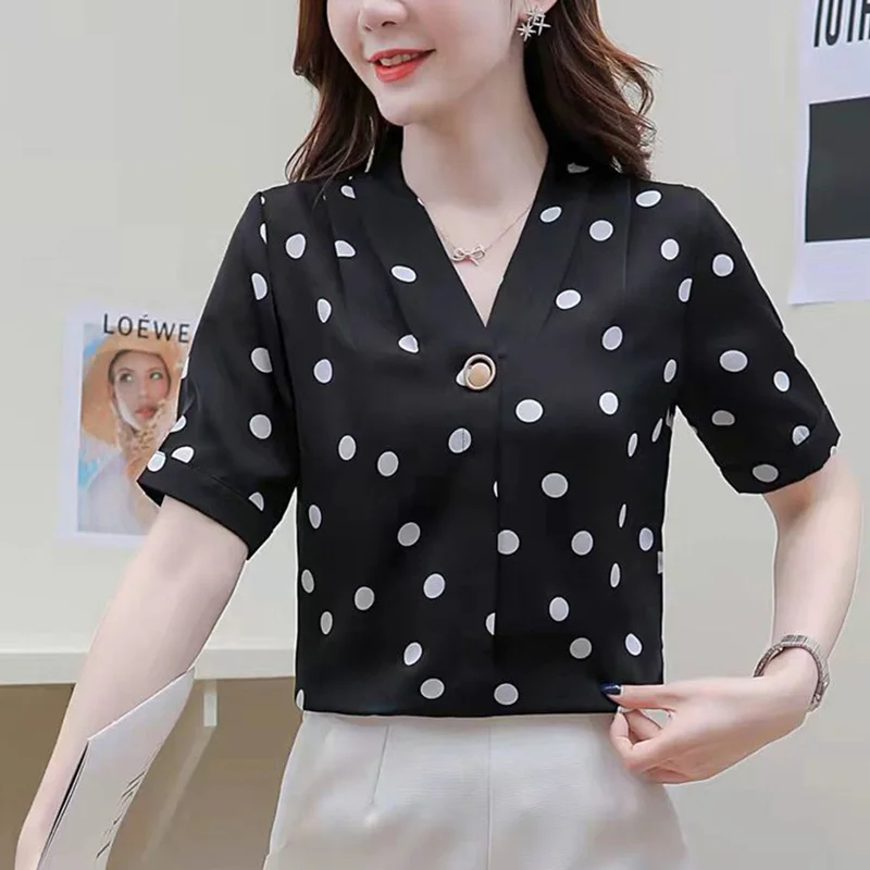 Elegant V-Neck Button Loose Folds Polka Dot Blouse Women\'s Clothing 2023 Summer New Casual Pullovers Office Lady Chiffon Shirt