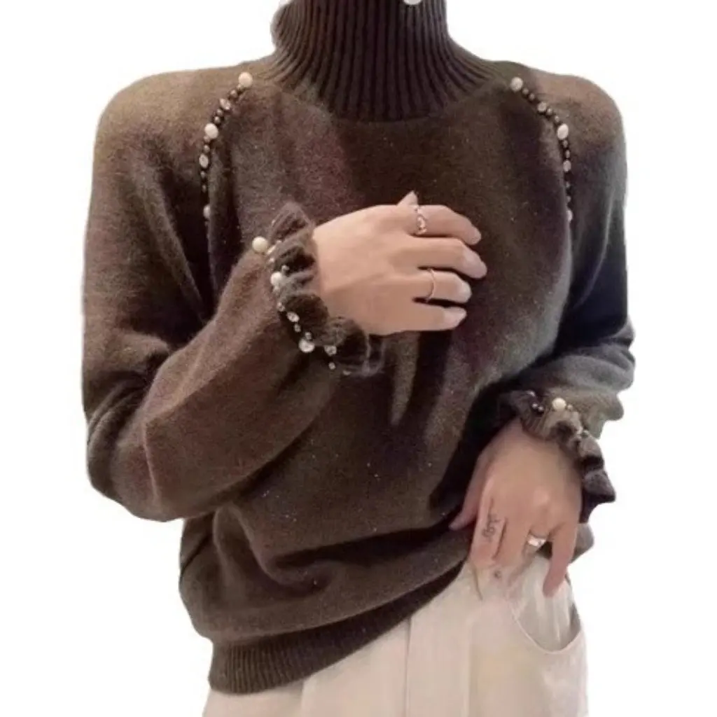 

Vintage Red Turtleneck Beaded Knit Sweater for Women Loose Cashmere Pullover Soft Waxy Base Autumn Winter Fashion Top