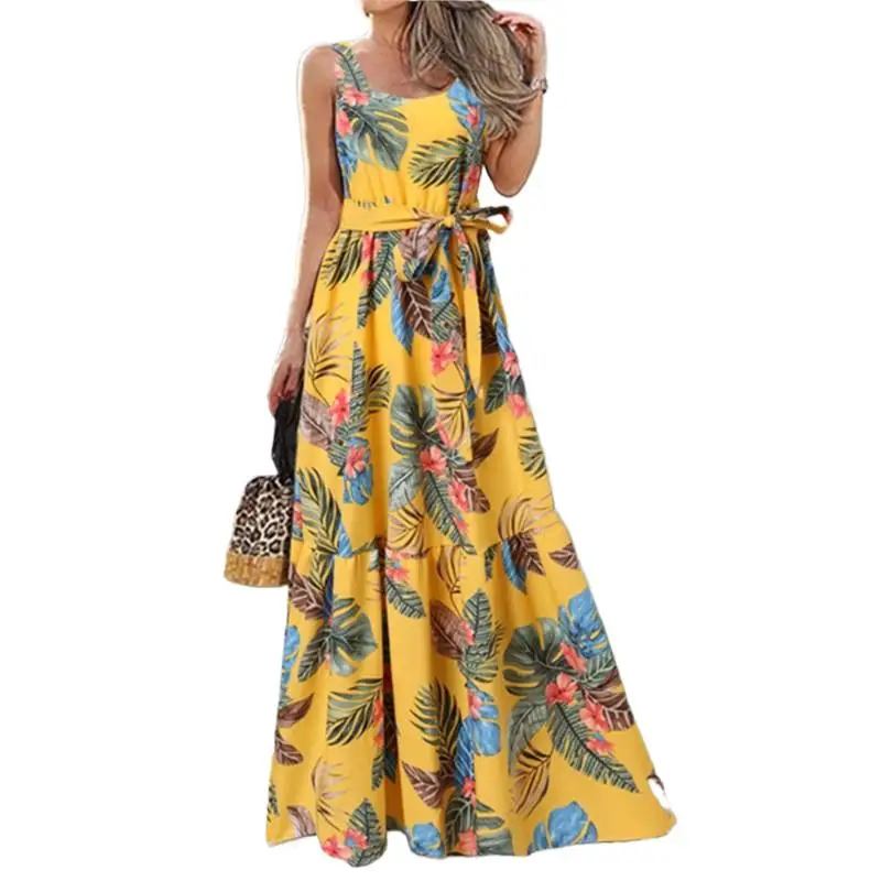 เดรสยาวแขนกุดพิมพ์ลายดอกไม้สำหรับฤดูร้อนชุดเดรสสไตล์วันหยุดแบบลำลองหรูหราสำหรับผู้หญิงชุดเดรสแมกซี่เอวสูงผูกเอว