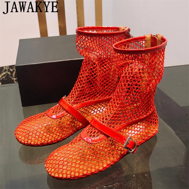 Multicolour Mesh Hollow Flat Ankle Boots Women See-through Chelsea Short Boots Summer Fishing net Runway Party Boots Woman