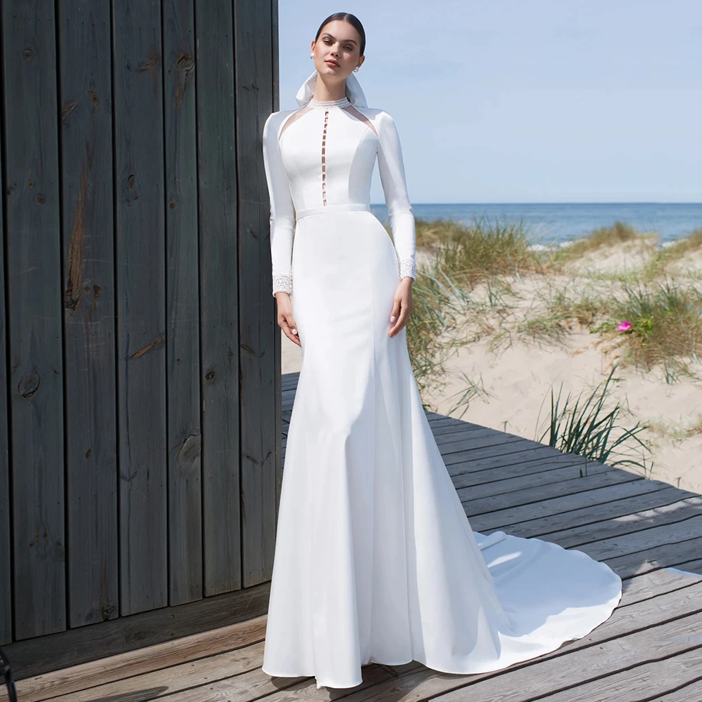 Robe de Mariée Sirène Personnalisée à Manches sulf, Tenue Moderne en Dentelle avec Traîne pour Patients, Jersey de Haute Qualité, Fermeture Éclair au Dos