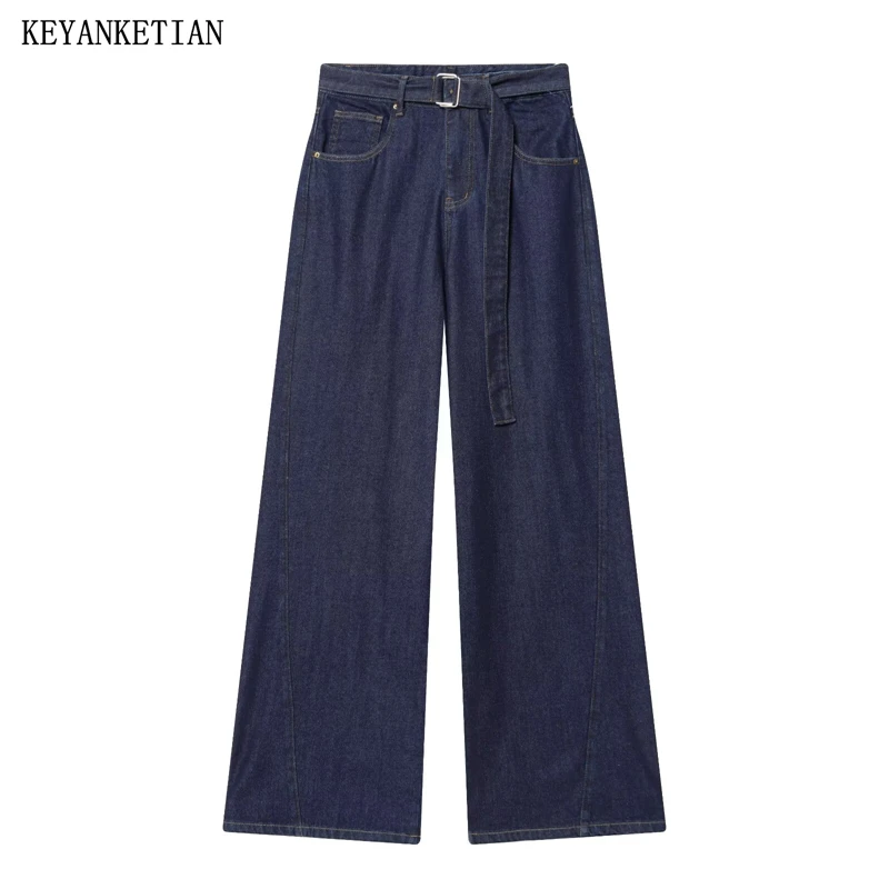 

KEYANKETIAN 2026 Spring New Women's Casual Wide Leg Jeans High Waist Loose Denim Pants With Belt Simply Straight Leg Jeans