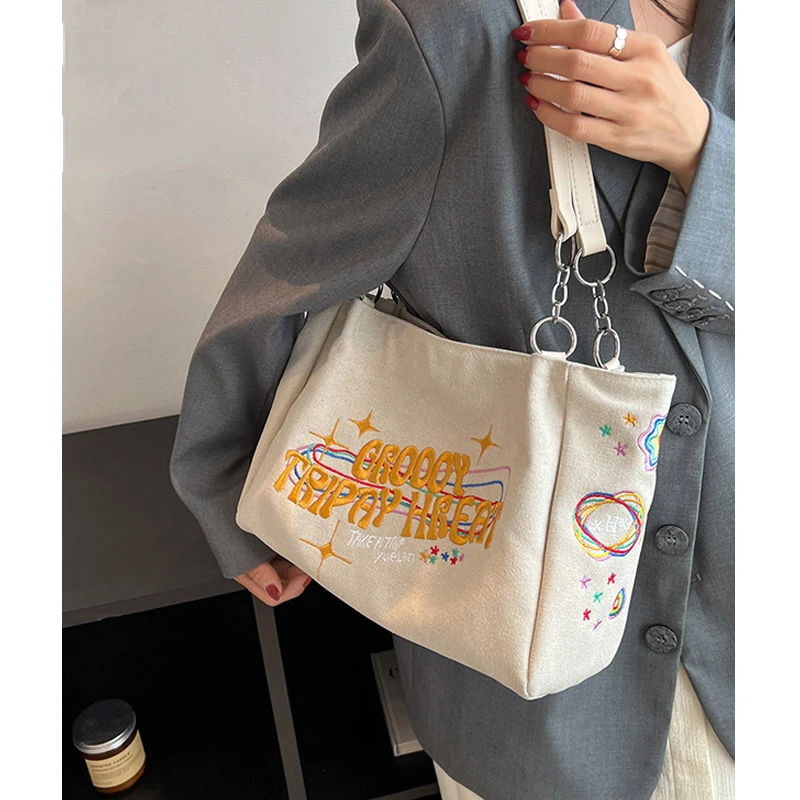 High Capacity Shoulder Underarm Bag Portable Retro Vintage Tote Washed Canvas Embroidered Letters Shopping Bag Woman Bag