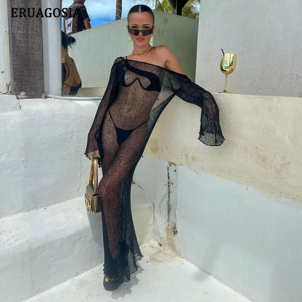 Sexy See-Through Cover-ups Long Sleeve Cover Up For Women 2024 New Beach Dress Vacation Dresses Female Beachwear saida de praia