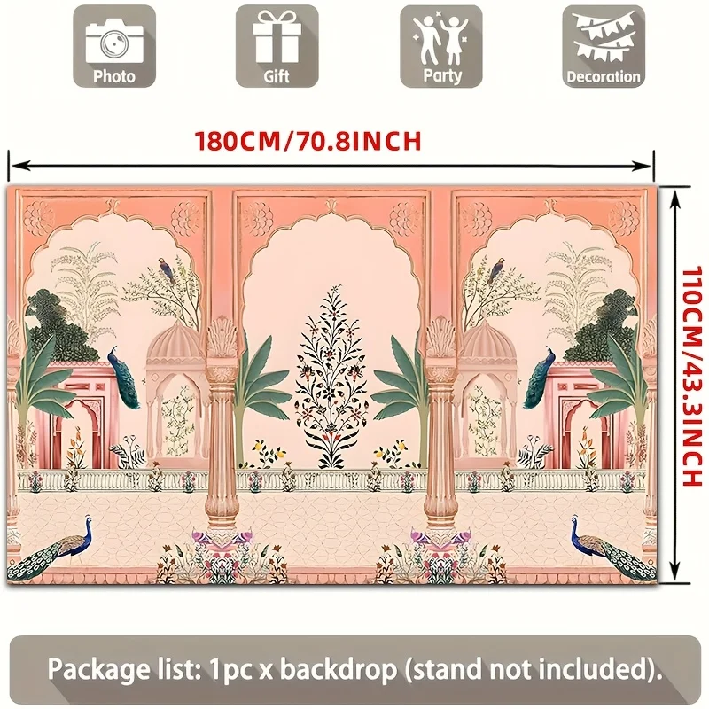 Ornate Mughal Floral Peacock Backdrop Photo Booth Background for Wedding Party Event Decor Blush Pink Gold Palace Curtain view 4
