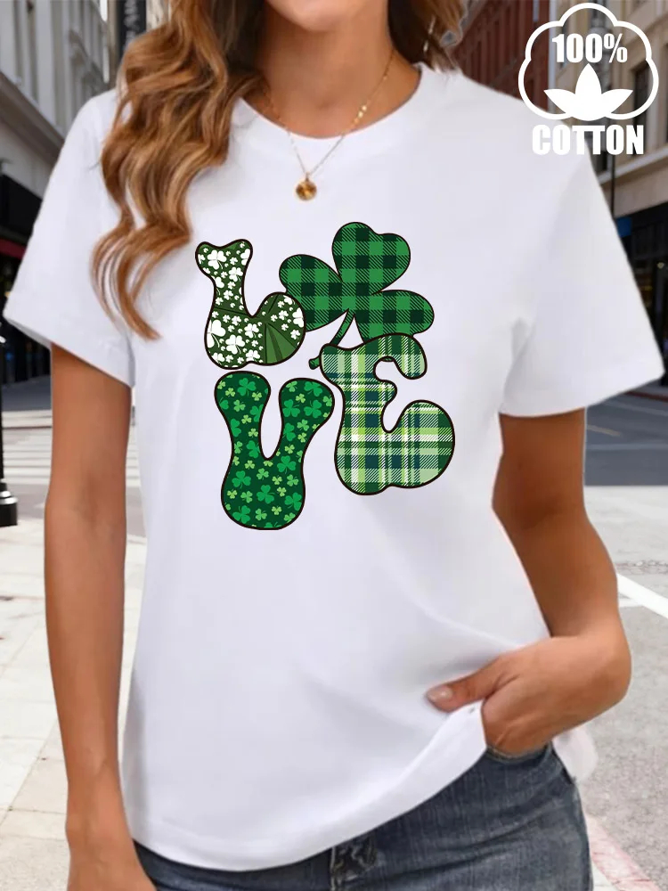 

Green Love Women's Graphic T-Shirt 180g Cotton Crew Neck Short Sleeve Tee Casual Summer Daily Wear