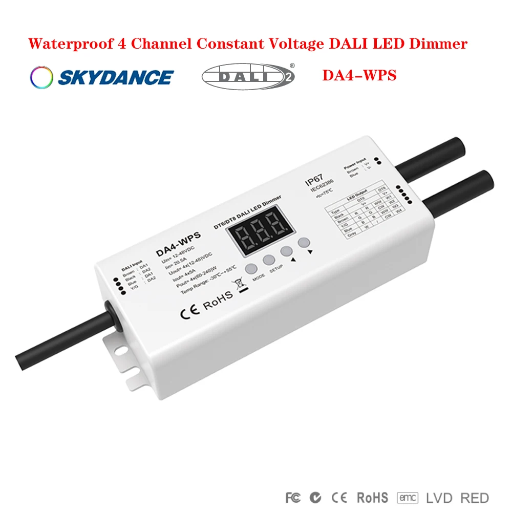 

Skydance DA4-WPS DC12V-48V наружная водонепроницаемая 4-канальная ШИМ DALI DT8/DT6 с затемнением для одноцветной/двухцветной/RGB/RGBW светодиодной ленты