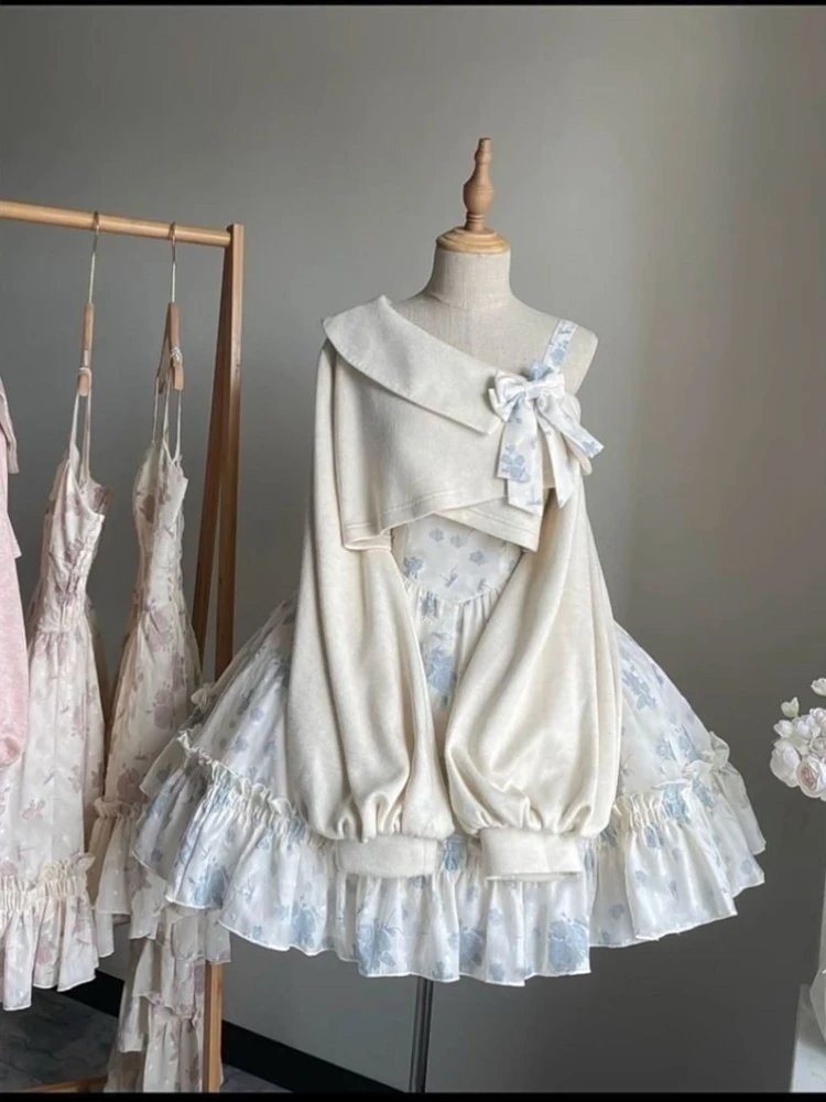 Japanischer süßer Lolita-Partykleid-Anzug für Damen, lässiger Bogen-Strickmantel + Kawaii-Blumen-Minikleid, elegante Mode, 2-teiliges Set, neu