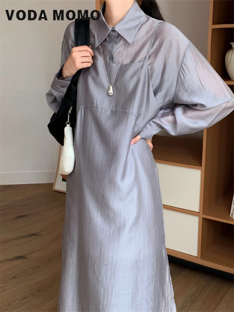 女性用ラペルネックシャツドレス,ランタンスリーブ3/4のミドル丈ドレス,ボタン付きのゆったりとしたカジュアルドレス,韓国のファッション,デザインセンス,2024