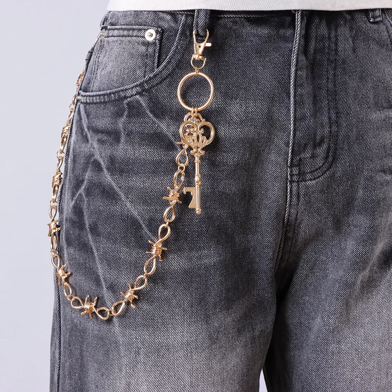 Gold Tone Barbed Wire Key Pendant Pants Chain Unisex Metal Waist Chain Y2K Punk Jeans Hanging Decor Clothing Accessory
