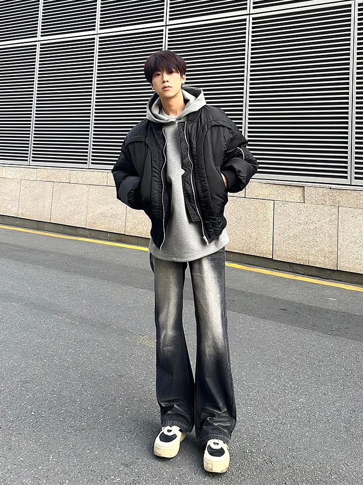 

Мужские джинсы American Vibe, модные прямые брюки-клеш, весенне-осенние, с градиентной окраской, черные, из денима, молодежный популярный стиль