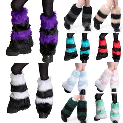 Women Faux Fur Leg Warmer for Boot Ladies Thick Fluffy Contrast Color Stripe Pattern Warmer Boot Cuff Stockings for Winter